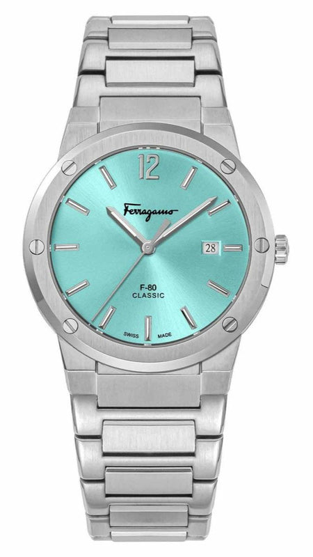 Salvatore Ferragamo F-80 Classic Tiffany Blue Dial Silver Steel Strap Watch for Men - SFDT02323 Authentic Buy Shop Now