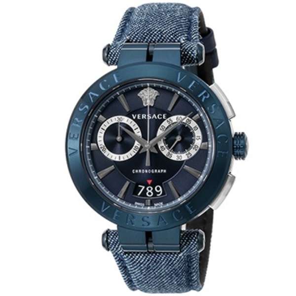 Versace Aion Chronograph Blue Dial Blue Leather Strap Watch for Men - VBR070017 Authentic Buy Shop Now