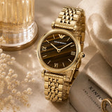 Emporio Armani Gianni T-Bar Brown Dial Gold Steel Strap Watch for Women - AR11703 Authentic Buy Shop Now