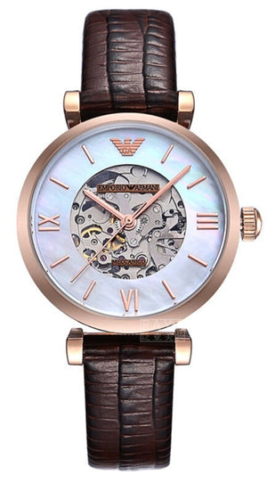 Emporio Armani Meccanico Skeleton Mother of Pearl Dial Brown Leather Strap Watch For Women - AR1993 Authentic Buy Shop Now