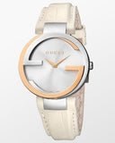 Gucci Interlocking 18K Gold Silver Dial White Leather Strap Watch For Women - YA133303 Authentic Buy Shop Now