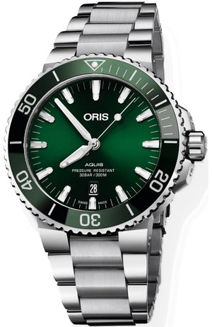 Oris Aquis Date Green Dial Silver Steel Strap Watch for Men - 0173377304157-0782405PEB Authentic Buy Shop Now