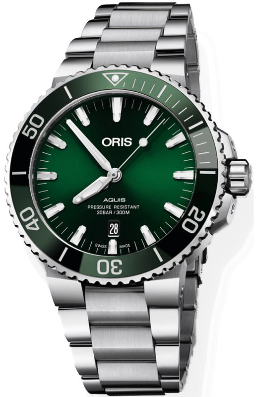 Oris Aquis Date Green Dial Silver Steel Strap Watch for Men - 0173377304157-0782405PEB Authentic Buy Shop Now