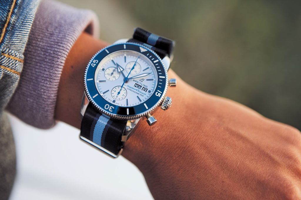 Breitling Superocean Heritage Chronograph 44 Ocean Conservancy Silver Dial Two Tone NATO Strap Watch for Men - A133131A1G1W1 Authentic Buy Shop Now