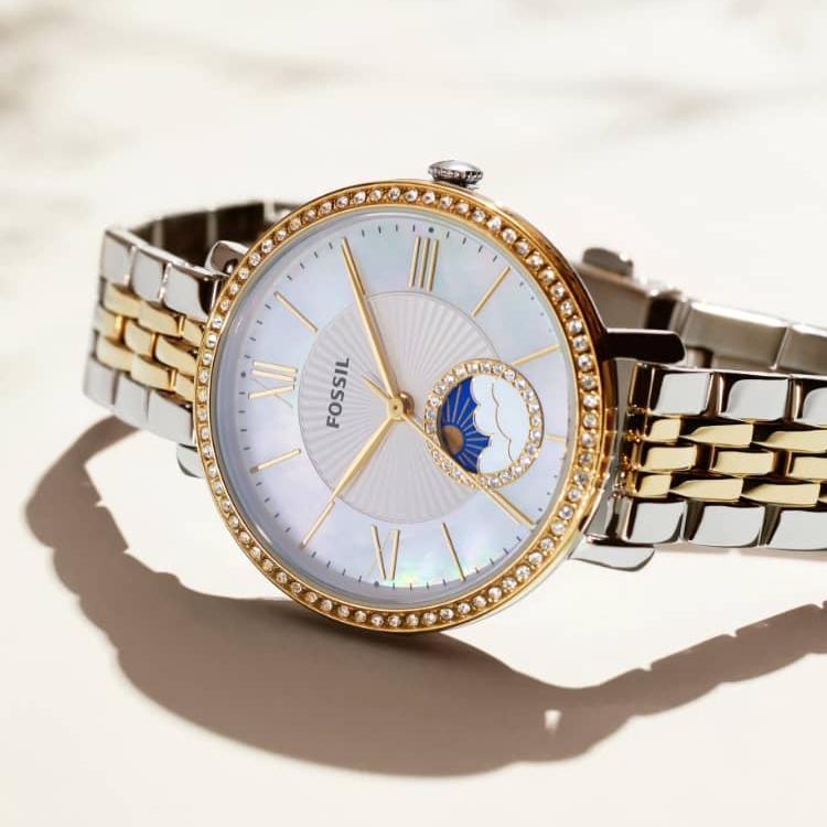 Fossil Jacqueline Analog Moonphase Mother of Pearl White Dial Two Tone Steel Strap Watch for Women - ES5166 Authentic Buy Shop Now