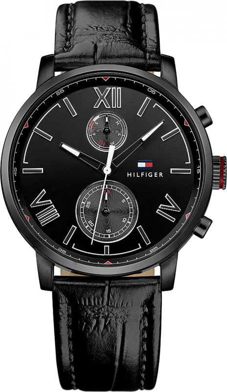 Tommy Hilfiger Aden Chronograph Black Dial Black Leather Strap Watch for Men - 1791310 Authentic Buy Shop Now