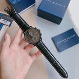 Tommy Hilfiger Aden Chronograph Black Dial Black Leather Strap Watch for Men - 1791310 Authentic Buy Shop Now