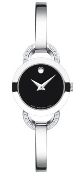 Movado Rondiro Diamonds Black Dial Silver Steel Strap Watch For Women - 0606798 Authentic Buy Shop Now