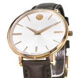 Movado Ultra Slim Silver Dial Brown Leather Strap Watch For Women - 0607093 Authentic Buy Shop Now