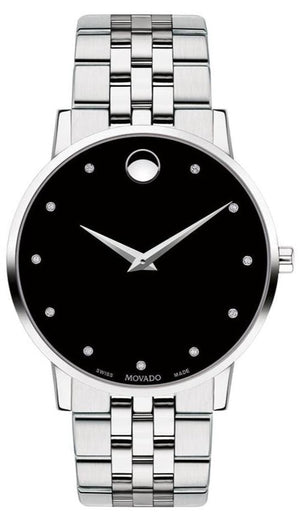 Movado Museum Classic Diamonds Black Dial Silver Steel Strap Watch for Men - 0607201 Authentic Buy Shop Now