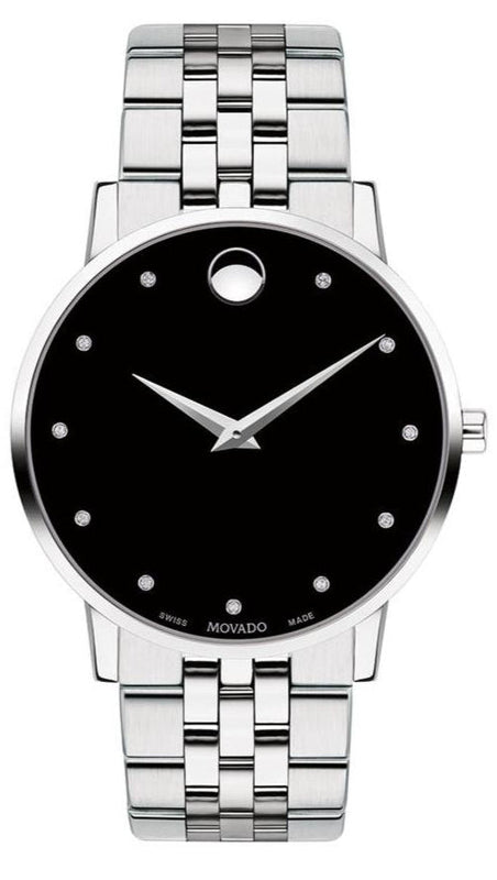 Movado Museum Classic Diamonds Black Dial Silver Steel Strap Watch for Men - 0607201 Authentic Buy Shop Now