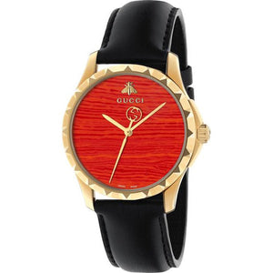 Gucci G Timeless Coral Red Dial Black Leather Strap Watch For Men - YA126464 Authentic Buy Shop Now
