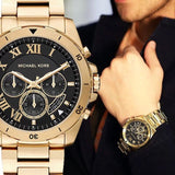 Michael Kors Brecken Chronograph Quartz Black Dial Gold Steel Strap Watch For Men - MK8481 Authentic Buy Shop Now