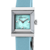 Gucci G-Frame Pastel Blue Mother of Pearl Dial Blue Leather Strap Watch For Women - YA128531 Authentic Buy Shop Now