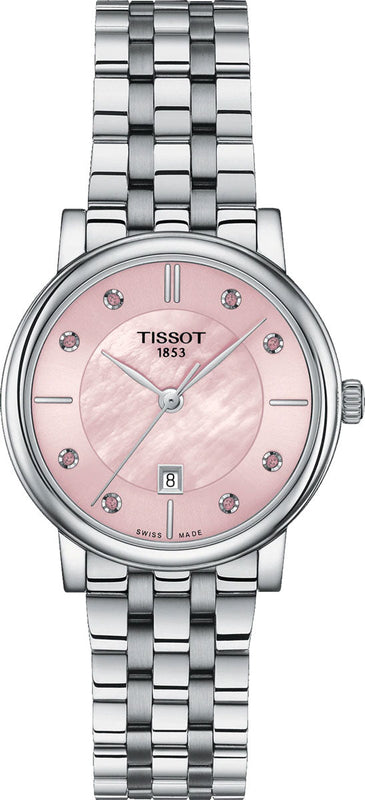 Tissot T Classic Carson Premium Lady Mother of Pearl Pink Dial Silver Steel Strap Watch For Women - T122.210.11.159.00 Authentic Buy Shop Now