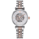 Emporio Armani Gianni T Bar Silver Skeleton Dial Two Tone Strap Watch For Women - AR1992 Authentic Buy Shop Now