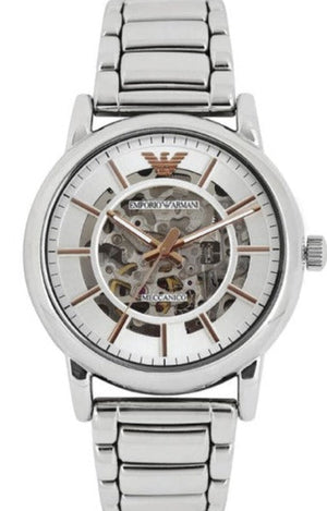 Emporio Armani Meccanico Skeleton Silver Dial Silver Steel Strap Watch For Men - AR1980 Authentic Buy Shop Now