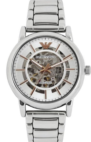 Emporio Armani Meccanico Skeleton Silver Dial Silver Steel Strap Watch For Men - AR1980 Authentic Buy Shop Now
