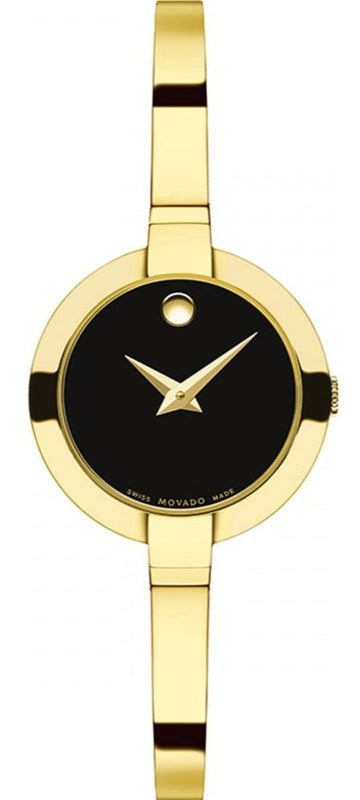 Movado Bela Black Dial Gold Steel Strap Watch For Women - 0606999 Authentic Buy Shop Now