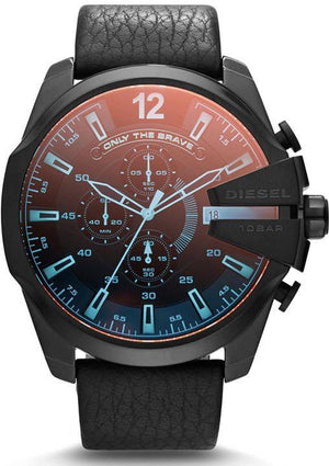 Diesel Mega Chief Chronograph Black Dial Black Leather Strap Watch For Men - DZ4323 Authentic Buy Shop Now