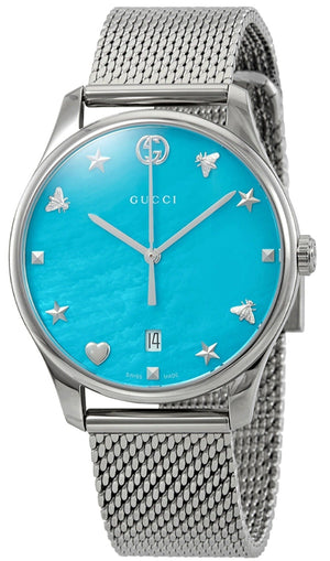 Gucci G-Timeless Turquoise Mother of Pearl Dial Silver Mesh Bracelet Watch For Women - YA126582 Authentic Buy Shop Now
