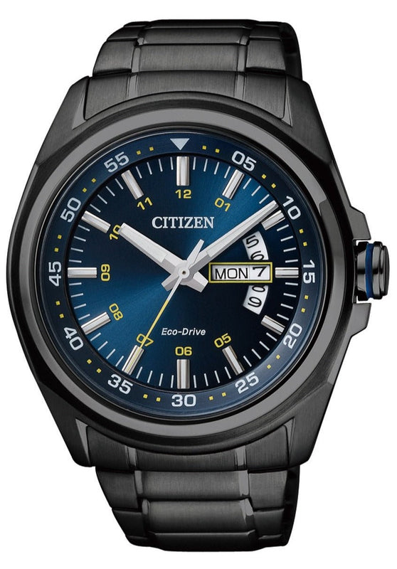 Citizen Eco Drive Blue Dial Black Steel Strap Watch For Men - AW0024-58LB Authentic Buy Shop Now