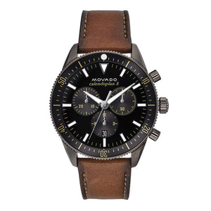 Movado Heritage Series 29mm Calendoplan Chronograph Black Dial Brown Leather Strap Watch For Men - 3650060 Authentic Buy Shop Now