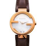 Gucci G Interlocking Mother of Pearl Dial Brown Leather Strap Watch For Women - YA133516 Authentic Buy Shop Now
