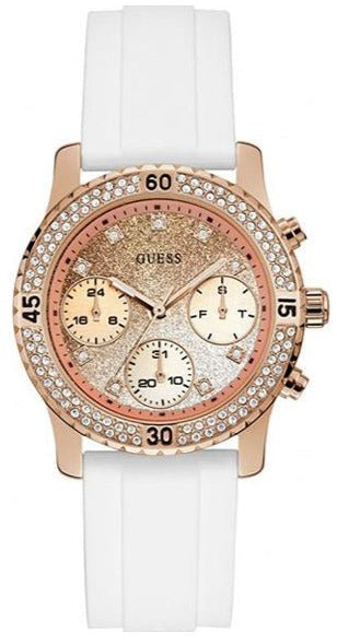 Guess Confetti Crystal Rose Gold Dial White Silicone Strap Watch For Women - W1098L5 Authentic Buy Shop Now