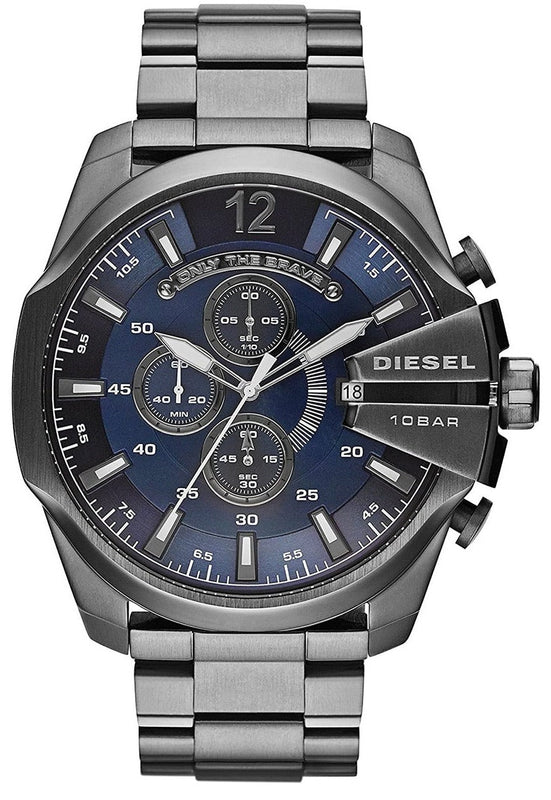 Diesel Mega Chief Chronograph Blue Dial Black Steel Strap Watch For Men - DZ4329 Authentic Buy Shop Now