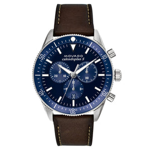 Movado Heritage 29mm Chronograph Blue Dial Brown Leather Strap Watch For Men - 3650061 Authentic Buy Shop Now