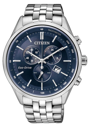 Citizen Eco Drive Chronograph Blue Dial Silver Steel Strap Watch For Men - AT2140-55L Authentic Buy Shop Now