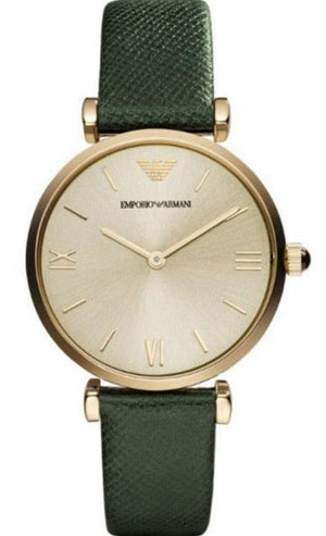 Emporio Armani Retro Champagne Beige Dial Green Leather Strap Watch For Women - AR1726 Authentic Buy Shop Now