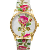 Gucci G Timeless Floral Gold Dial White Leather Strap Watch For Women - YA1264084 Authentic Buy Shop Now