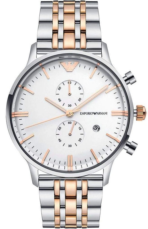 Emporio Armani Chronograph White Dial Two Tone Steel Strap Watch For Men - AR0399 Authentic Buy Shop Now