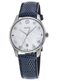 Gucci G-Timeless Signature Mother of Pearl Silver Dial Blue Leather Strap Watch For Women - YA1264049 Authentic Buy Shop Now