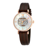 Emporio Armani Meccanico Skeleton Mother of Pearl Dial Brown Leather Strap Watch For Women - AR1993 Authentic Buy Shop Now