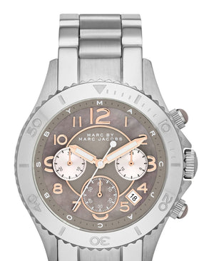 Marc Jacobs Rock Chronograph Mother of Pearl Grey Dial Silver Steel Strap Watch for Women - MBM3250 Authentic Buy Shop Now