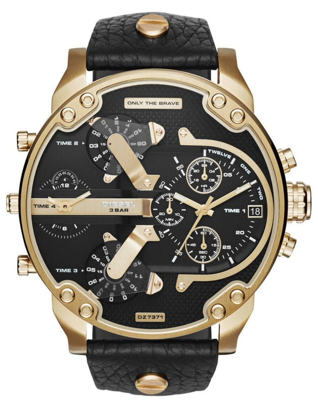 Diesel Mr Daddy Chronograph Black Dial Black Leather Strap Watch For Men - DZ7371 Authentic Buy Shop Now