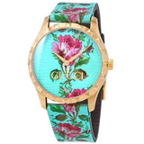 Gucci G Timeless Floral Turquoise Dial Turquoise Leather Strap Watch For Women - YA1264085 Authentic Buy Shop Now