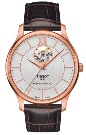 Tissot Tradition Powermatic 80 Open Heart Silver Dial Brown Leather Strap Watch For Men - T063.907.36.038.00 Authentic Buy Shop Now