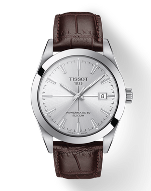 Tissot Gentleman Powermatic 80 Silicium Silver Dial Brown Leather Strap Watch For Men - T127.407.16.031.01 Authentic Buy Shop Now