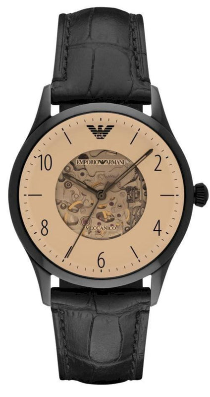 Emporio Armani Meccanico White Dial Black Leather Strap Watch For Men - AR1923 Authentic Buy Shop Now