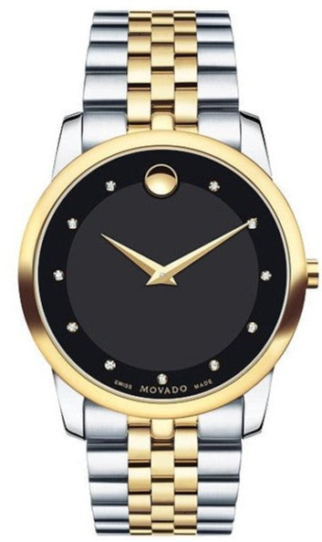 Movado Museum Classic Diamonds Black Dial Two Tone Steel Strap Watch For Men - 0606879 Authentic Buy Shop Now