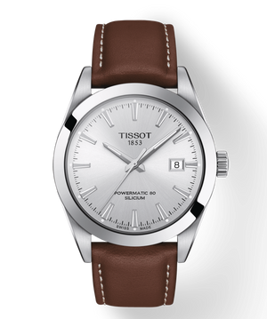 Tissot Gentleman Powermatic 80 Silicium Silver Dial Brown Leather Strap Watch For Men - T127.407.16.031.00 Authentic Buy Shop Now