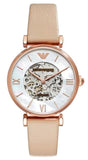 Emporio Armani Meccanico Silver Skeleton Dial Beige Leather Strap Watch For Women - AR60001 Authentic Buy Shop Now