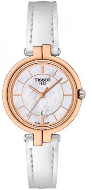 Tissot T Lady Flamingo Mother of Pearl White Dial White Leather Strap Watch For Women - T094.210.26.111.01 Authentic Buy Shop Now
