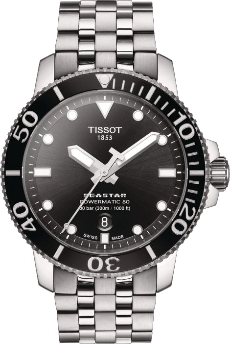 Tissot Seastar 1000 Powermatic 80 Black Dial Silver Steel Strap Watch For Men - T120.407.11.051.00 Authentic Buy Shop Now