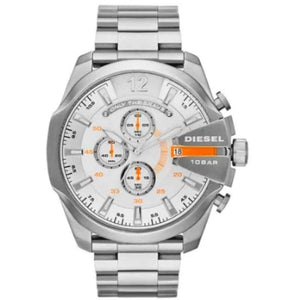 Diesel Mega Chief Chronograph White Dial Silver Steel Strap Watch For Men - DZ4328 Authentic Buy Shop Now