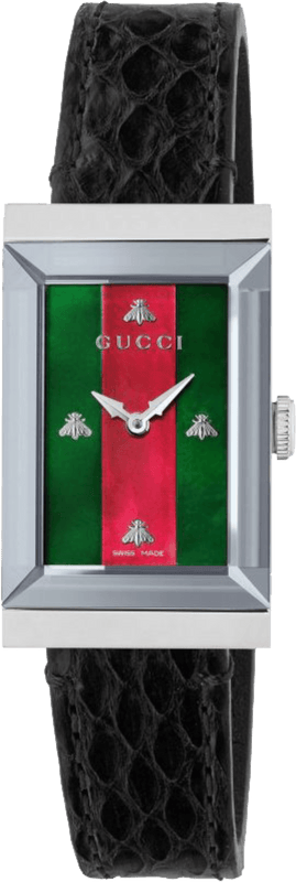 Gucci G-Frame Mother of Pearl Green & Red Dial Black Leather Strap Watch For Women - YA147403 Authentic Buy Shop Now